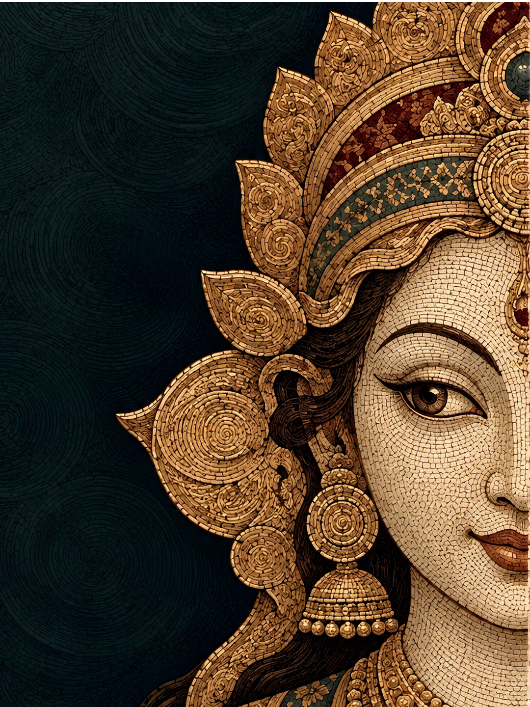 Close-up of Lakshmi's gold crown, spiral ear ornament, jhumka earring and tiled face