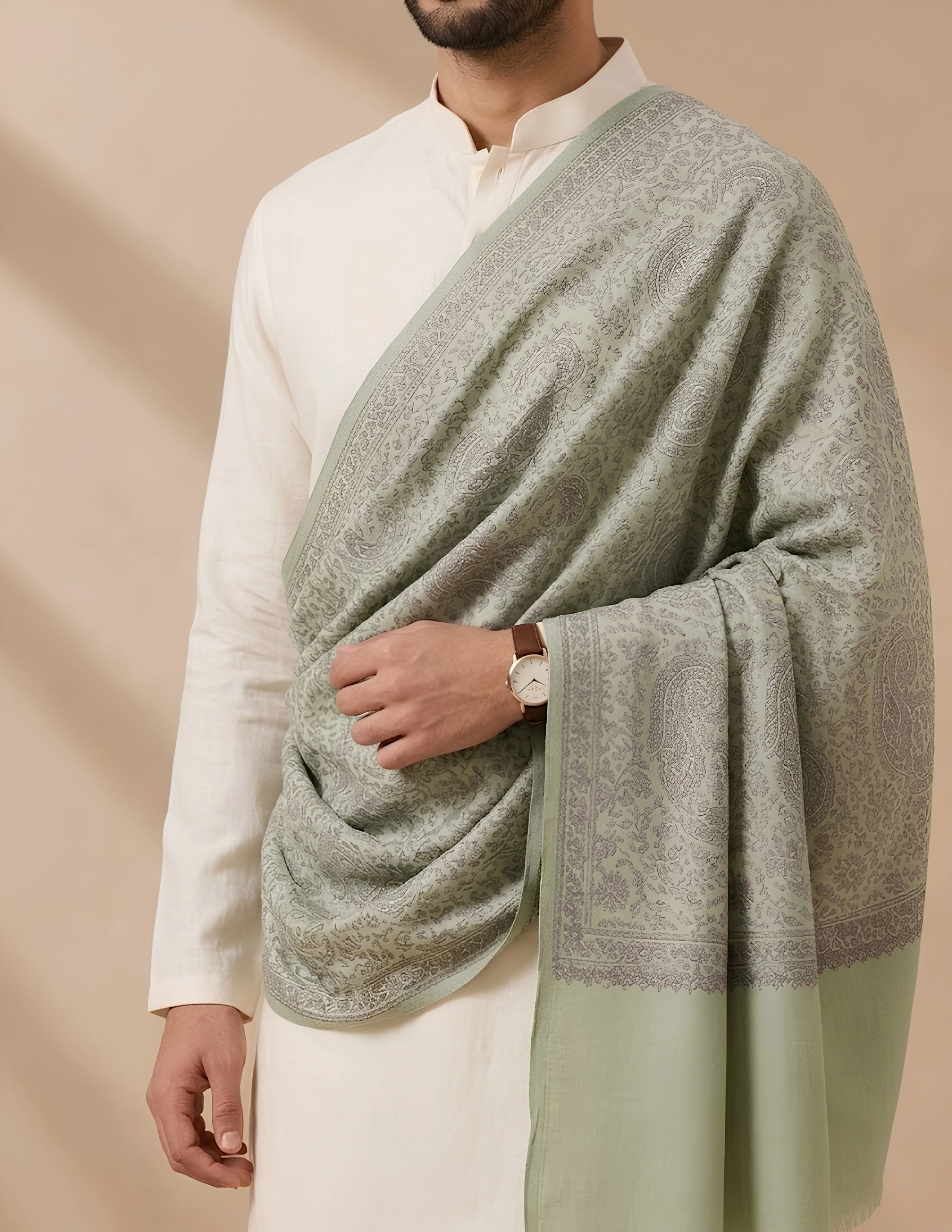 Bageecha Sozni Embroidered Stole (Unisex) – Sage Paisley Wool Silk
