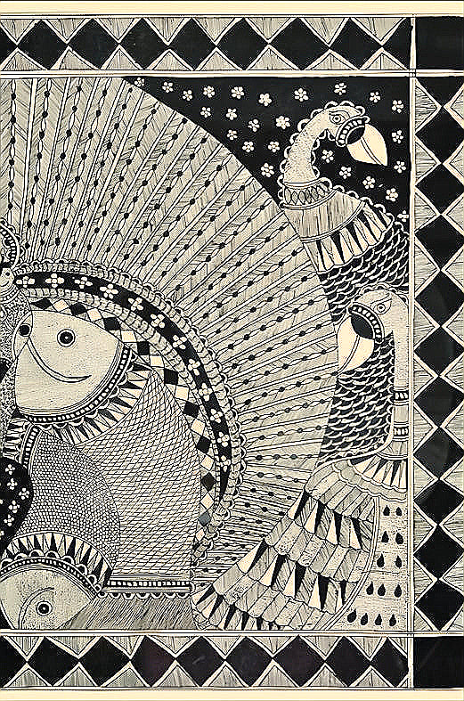 Harmony of Grace & Abundance: Peacock & Fish Mandala - Madhubani Painting