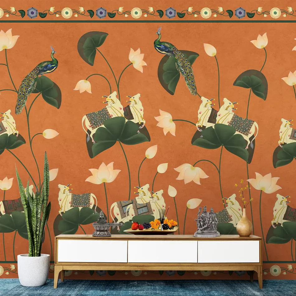 Sacred Blooms Pichwai Ochre Wallpaper - customized traditional animal wallpaper with peacocks and surabhi cows