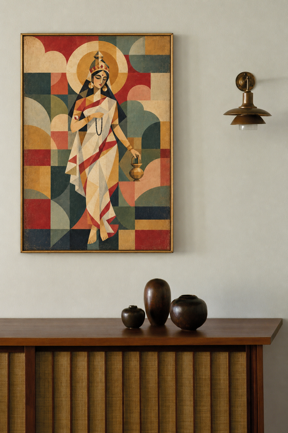 Cubist painting of Goddess Brahmacharini framed on a white wall above a wooden sideboard with dark ceramic vases
