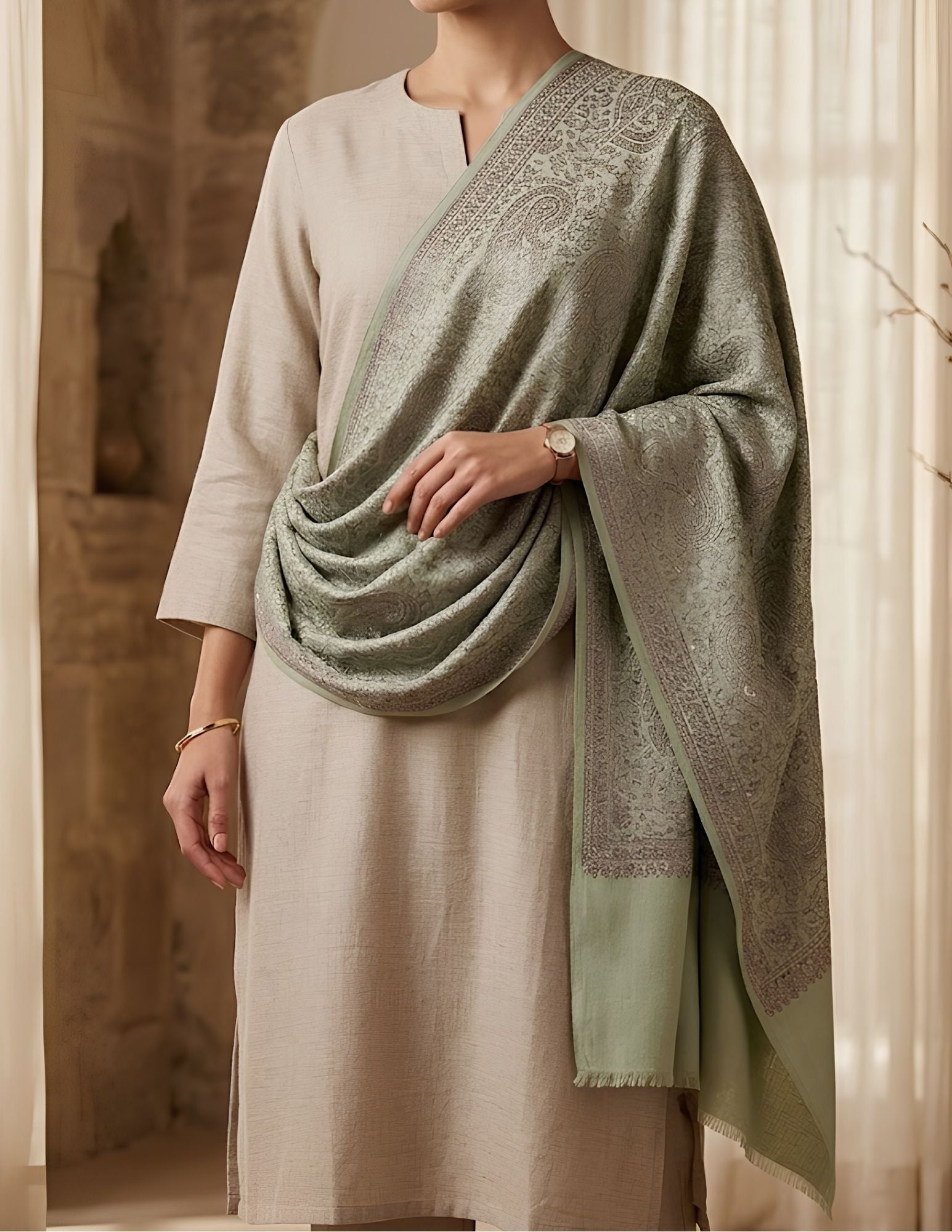 Bageecha Sozni Embroidered Stole – Sage Paisley Wool Silk