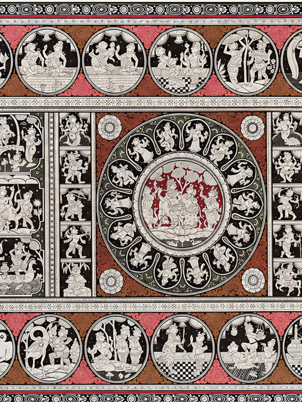 Handpainted – Kalamkari – Dashavatara Around the Red Lotus