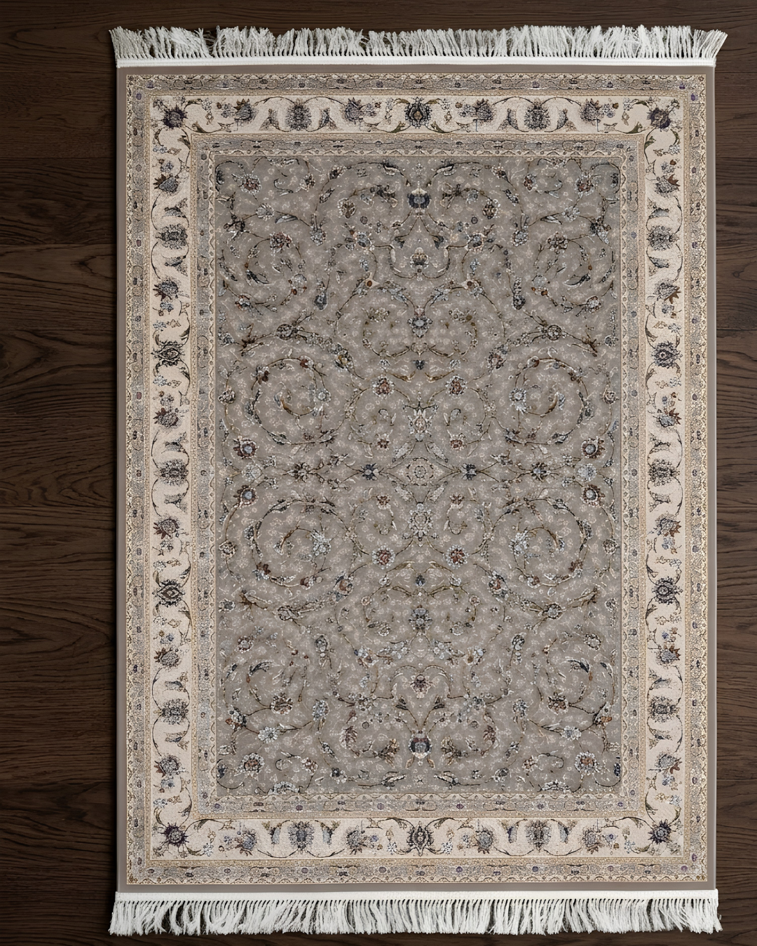 Nasim Silk & Wool Blend Carpet – Silver Arabesque Scrollwork