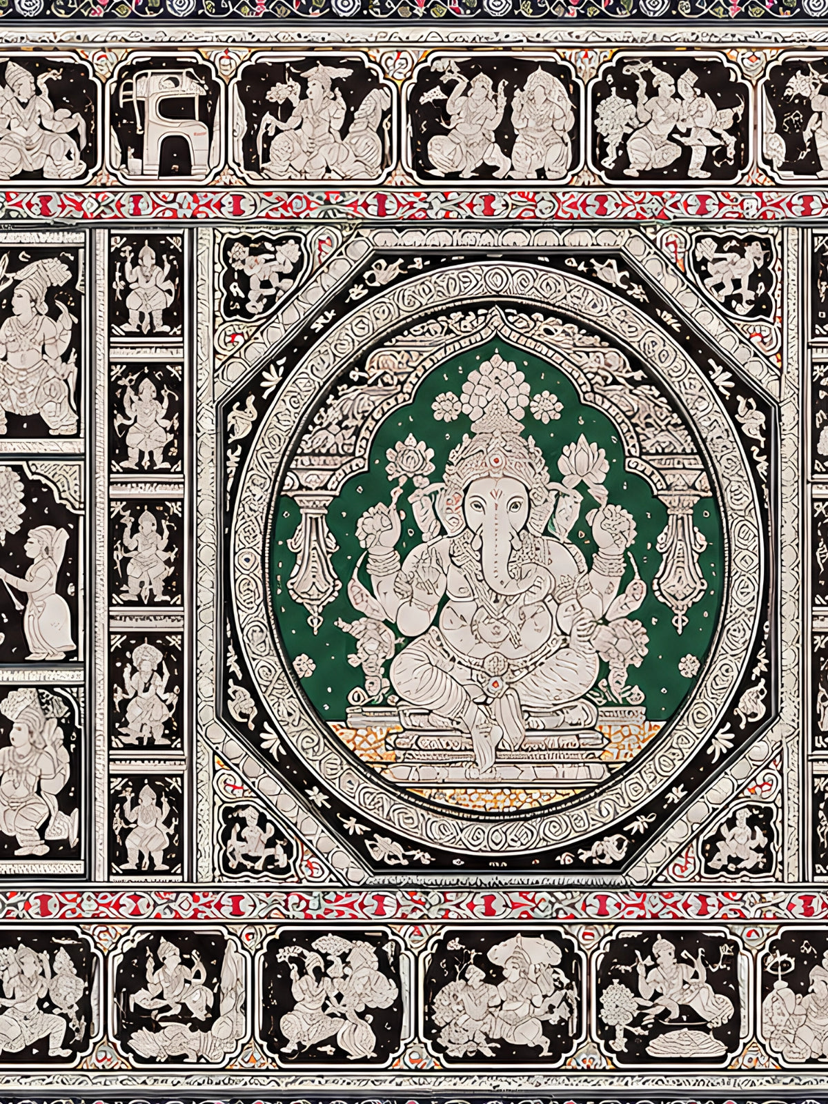 Handpainted – Kalamkari – Ganesha in the Emerald Medallion