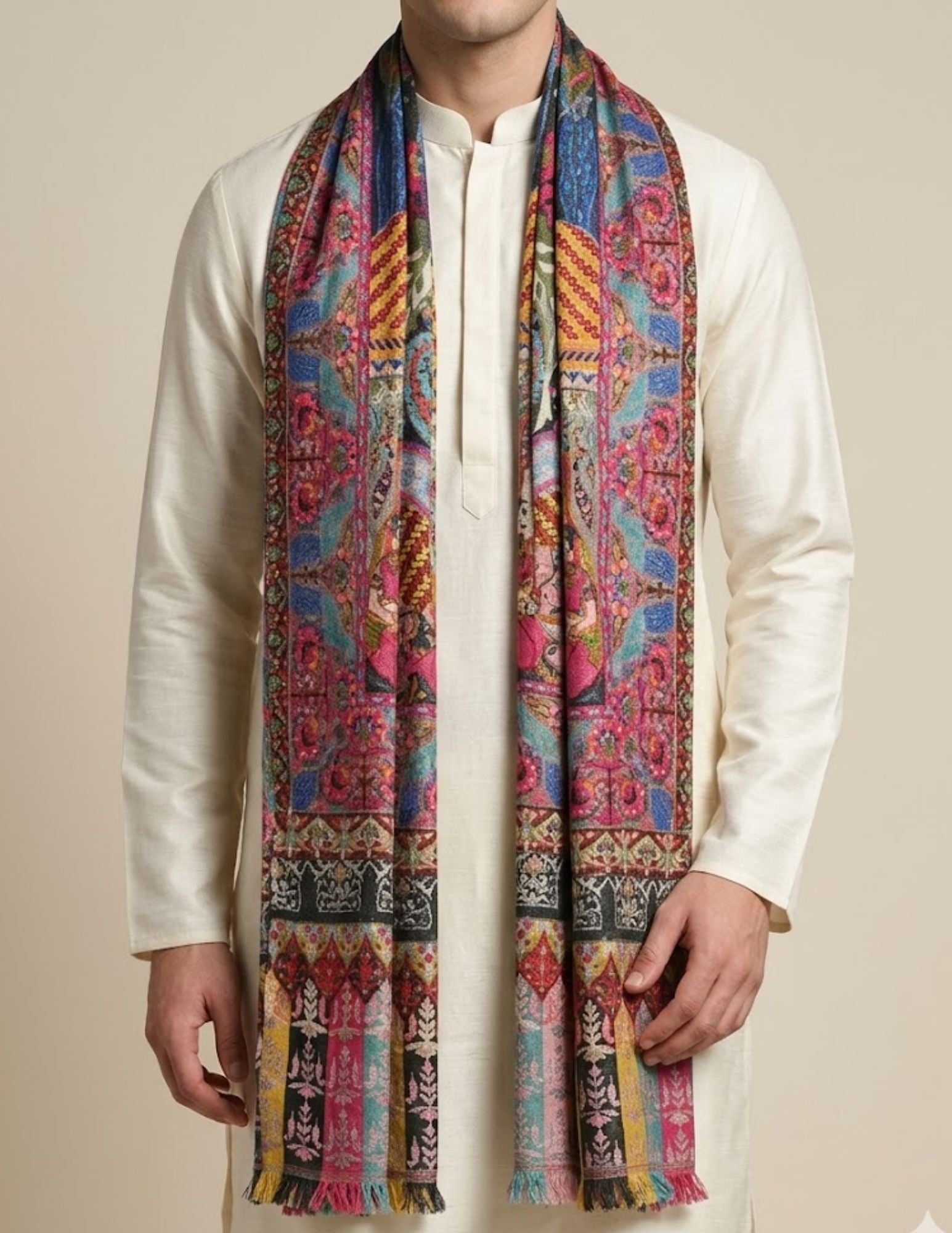 Multicolour Kani tapestry stole worn wrapped over black.