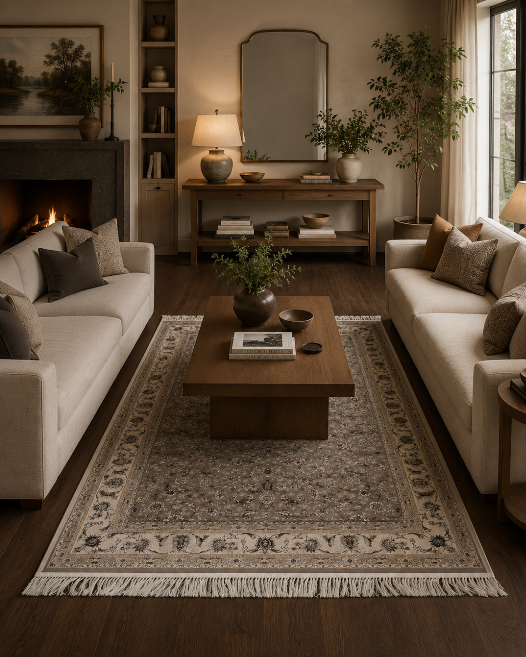 Nasim Silk & Wool Blend Carpet – Silver Arabesque Scrollwork