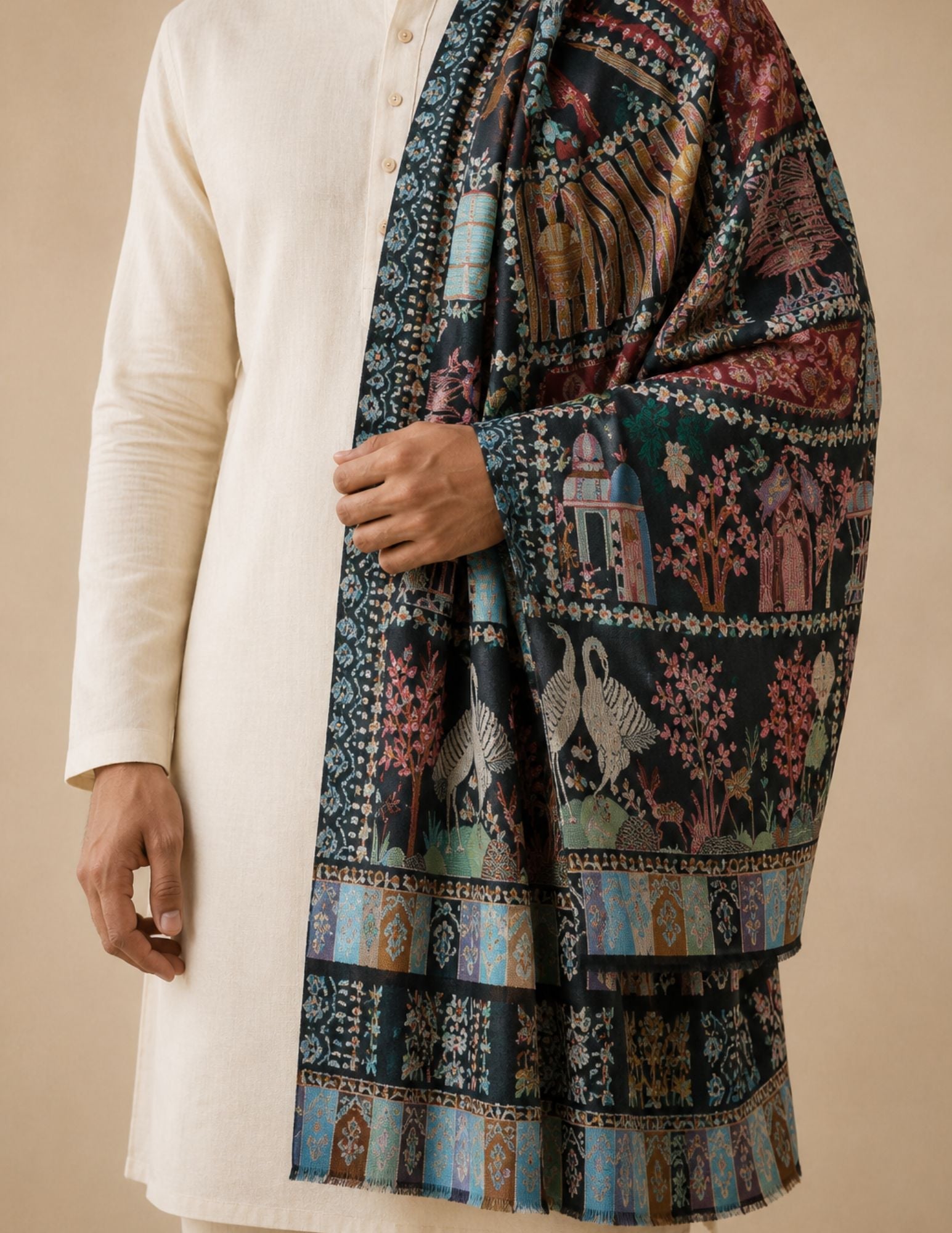 Dark teal micro modal Jamawar stole with Mughal garden landscape — egrets, birdcages, and flowering trees.