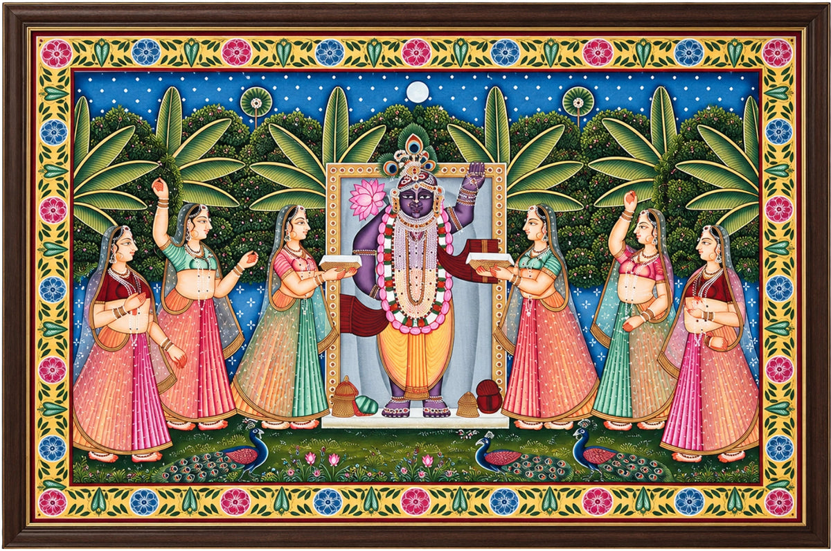 Handpainted – Pichwai – Shrinathji with Six Gopis and Peacocks