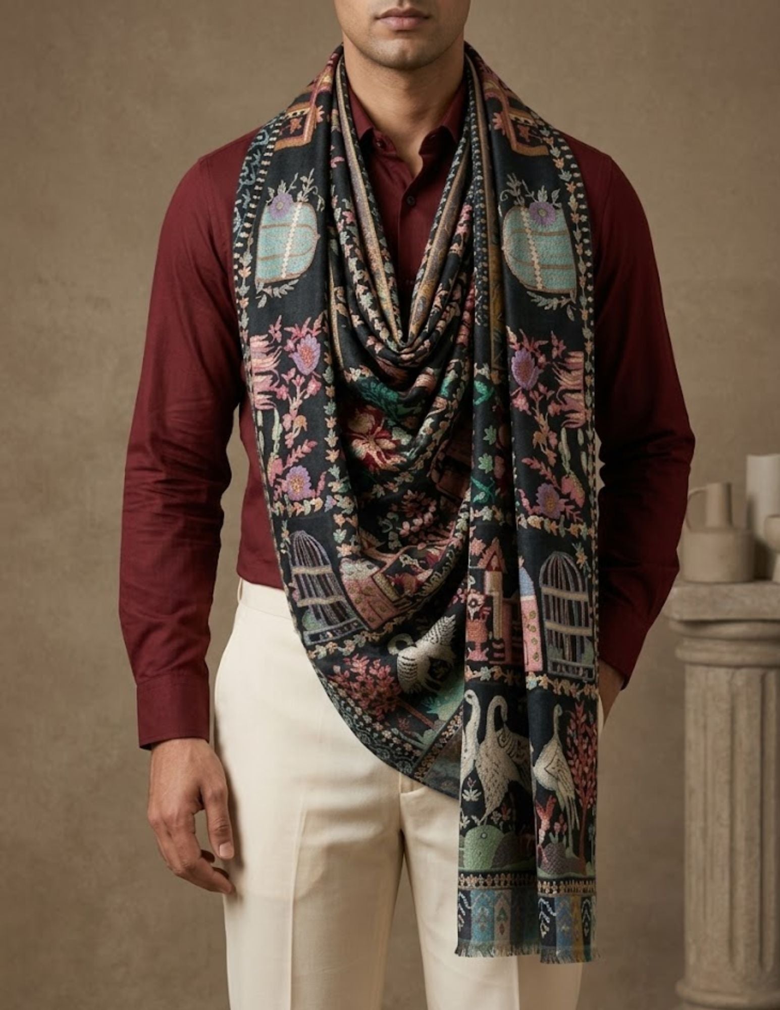 Dark teal Jamawar stole worn wrapped.