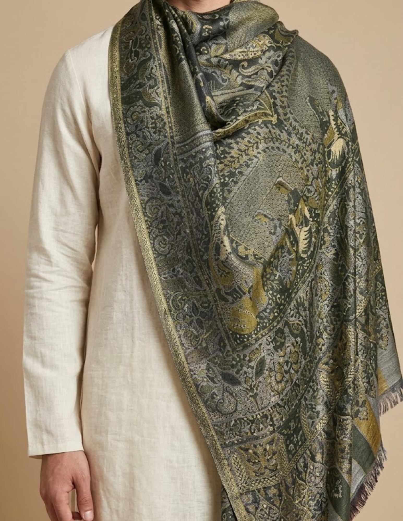 Chinar Jamawar Kashmiri Stole – Forest Green Micro Modal