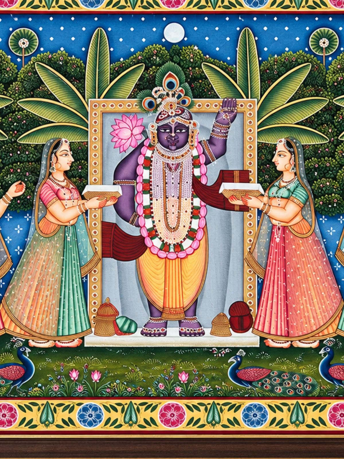 Handpainted – Pichwai – Shrinathji with Six Gopis and Peacocks
