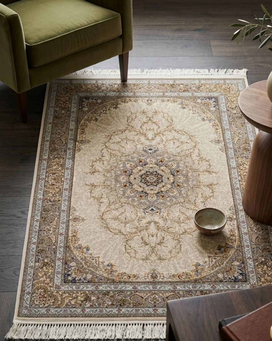 Zarrin Silk & Wool Blend Carpet – Ornate Gold Oval Medallion