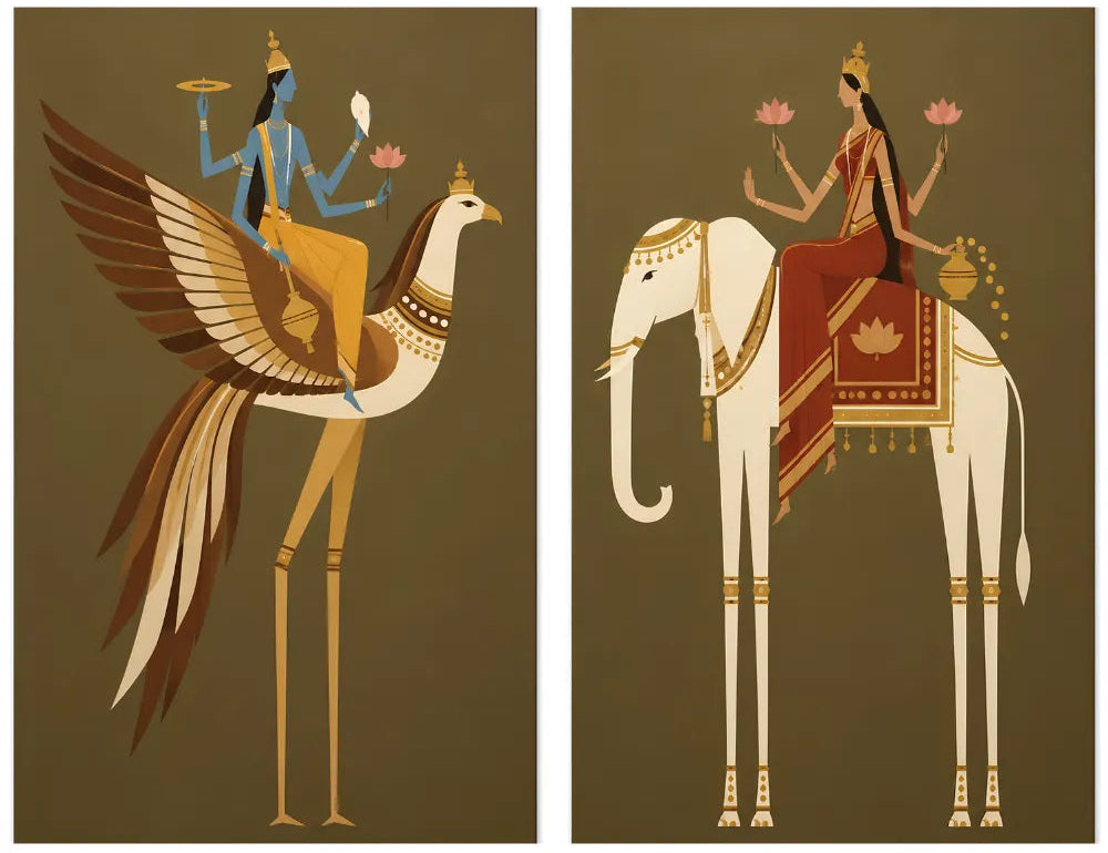 Art Print Set – “Vahana”: Vishnu on Garuda and Lakshmi on the White Elephant, Set of 2