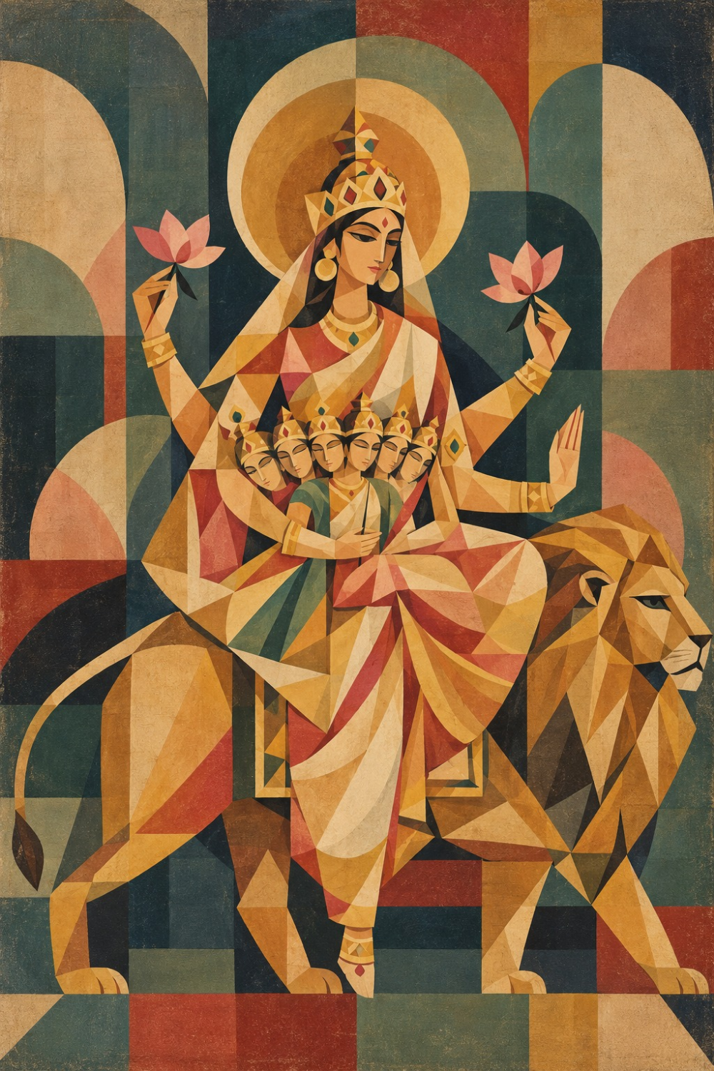 Cubist Navadurga painting of Goddess Skandamata on her lion, cradling the six-headed Kartikeya with pink lotuses in teal, red and ochre