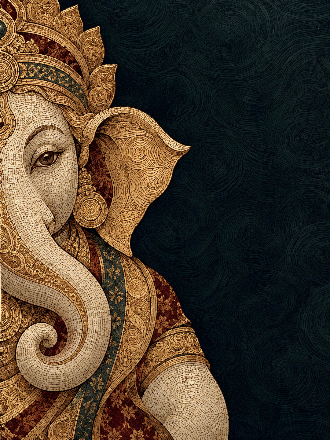 Art print of Ganesha in gold and ivory mosaic style, cropped at the left edge against a dark teal field