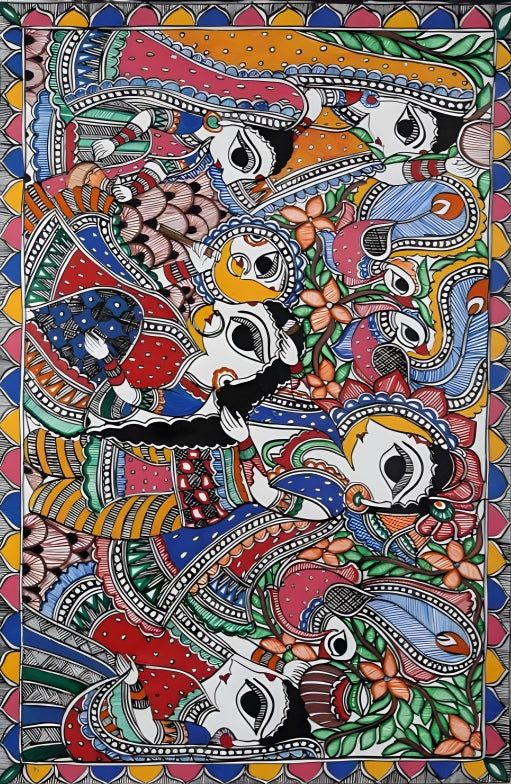 Divine Rasa: Krishna with Gopikas - Madhubani Painting