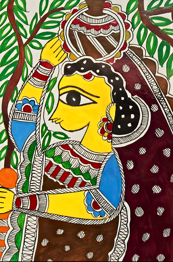 Rasa of Devotion: Krishna with Gopikas - Madhubani Painting