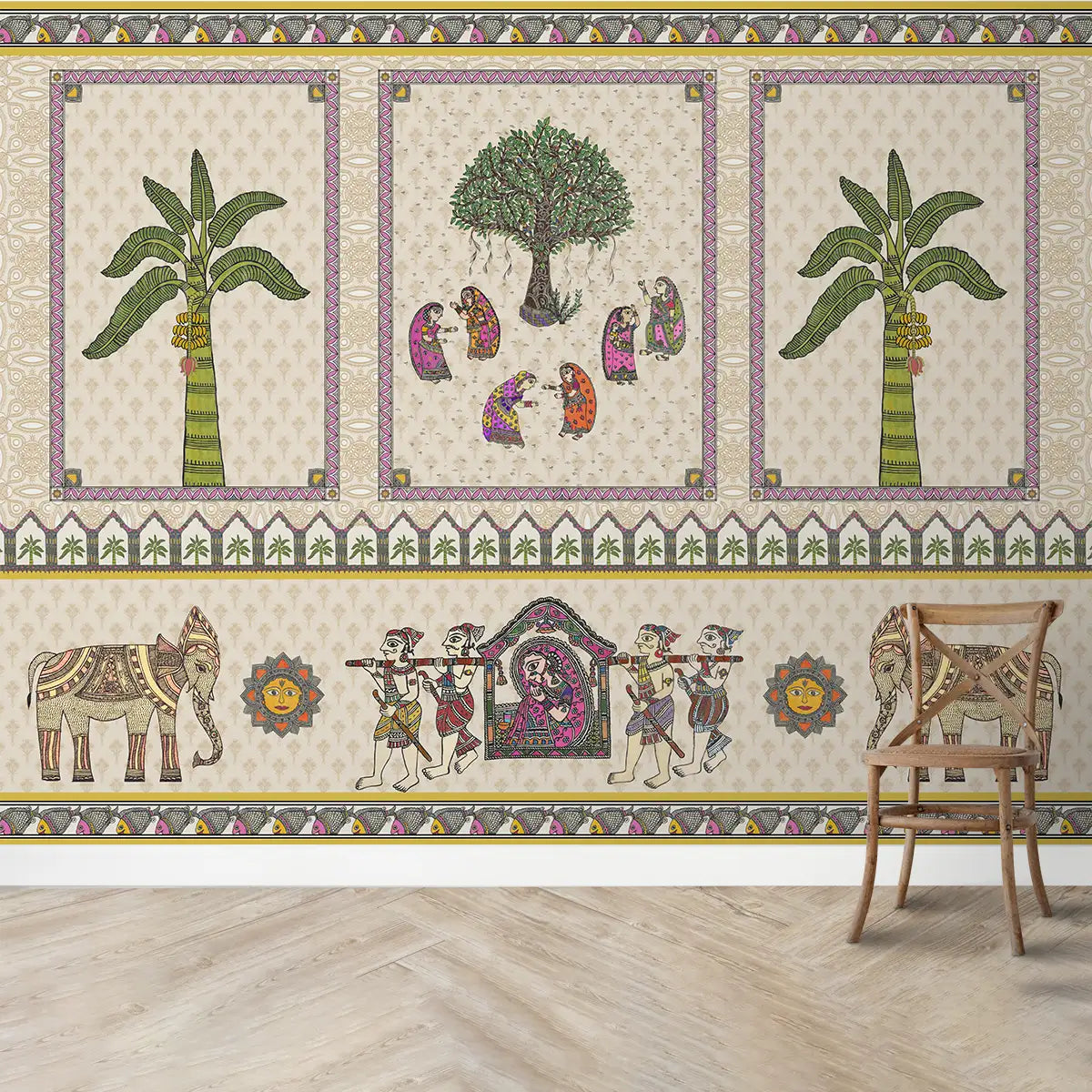 Madhubani Janakpuri Jharoka wallpaper - Customized indian traditional wallpaper with elephants ad trees