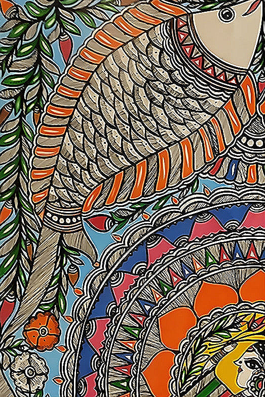Fertility & Flow: Women with Four Fishes - Madhubani Painting