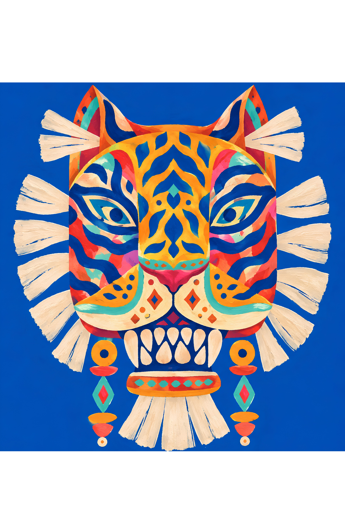 Handpainted Matisse-inspired painting of a frontal tiger face with a tassel mane on a cobalt blue background