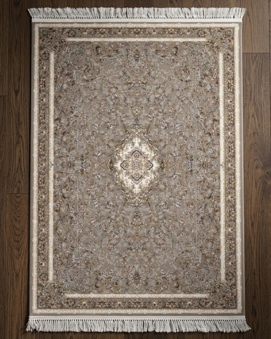 Sepehr Silk & Wool Blend Carpet – Tonal Silver Diamond Medallion