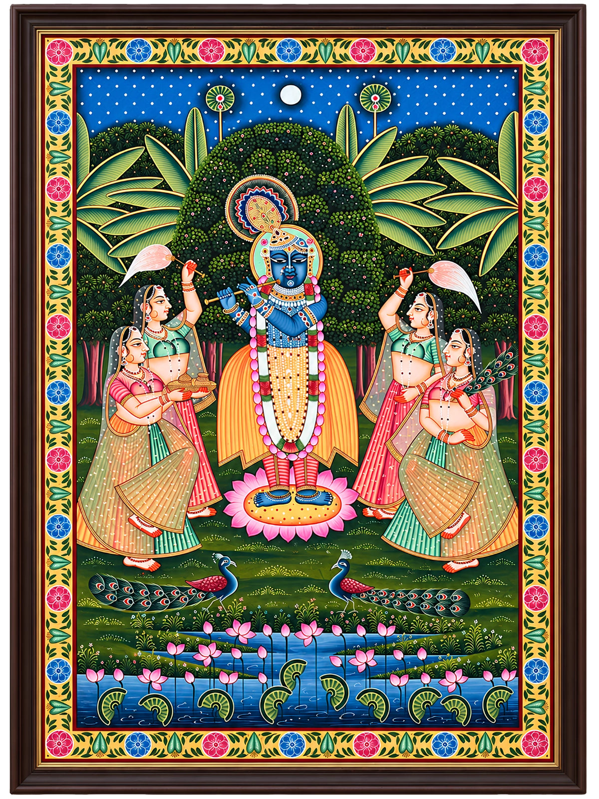 Handpainted – Pichwai – Krishna with the Flute on the Lotus