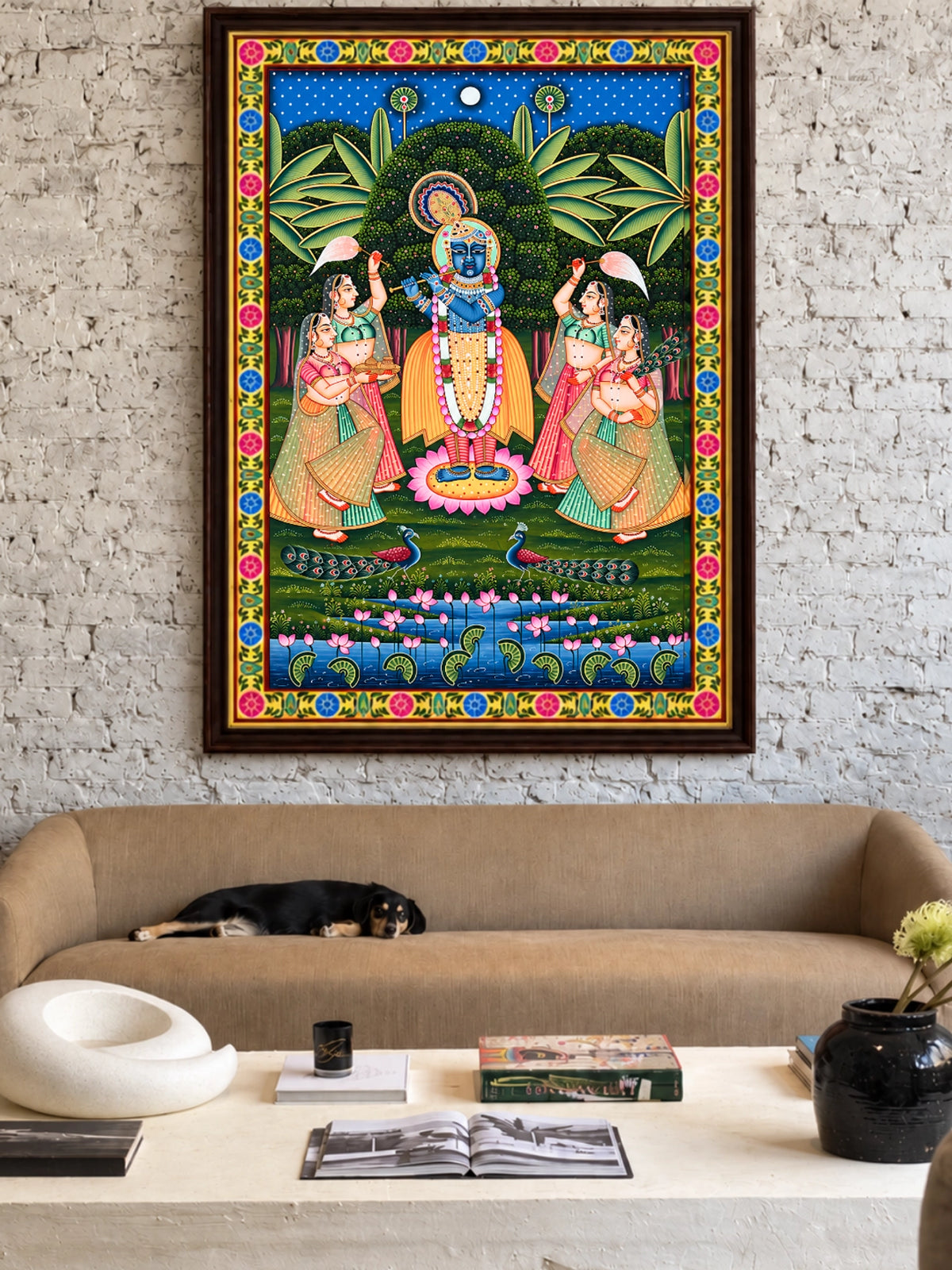 Handpainted – Pichwai – Krishna with the Flute on the Lotus