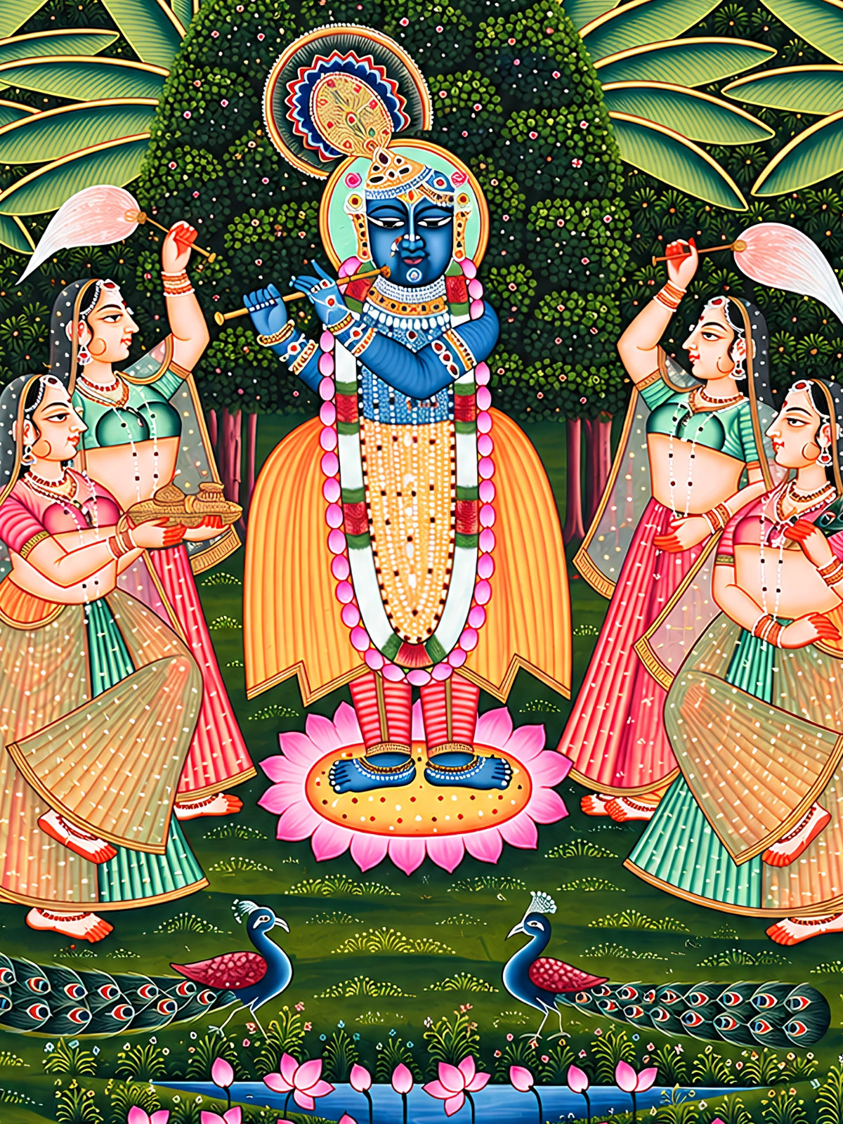 Handpainted – Pichwai – Krishna with the Flute on the Lotus