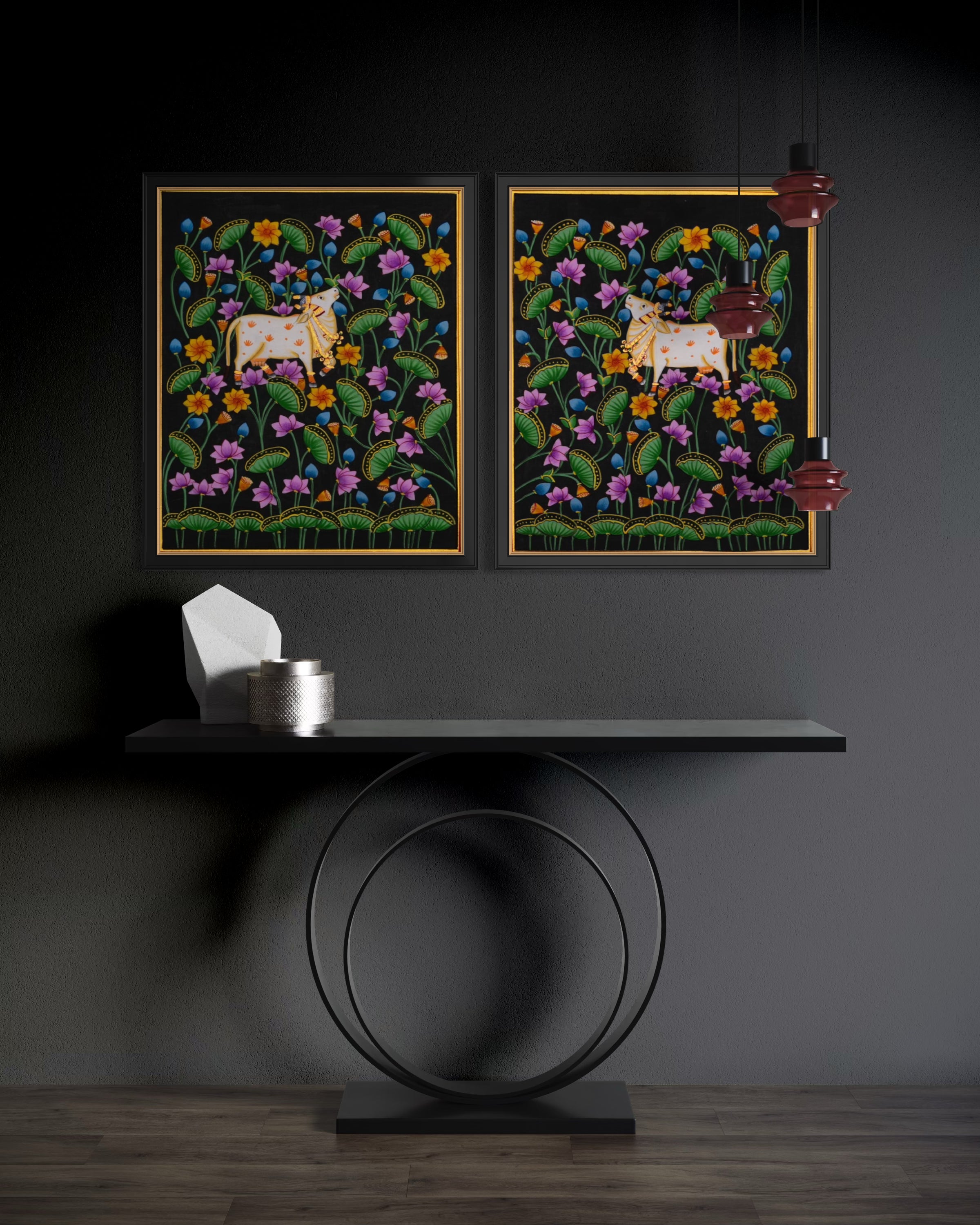Sacred Cow in the Blossoming Garden – Indigo Pichwai Painting (Set of 2)