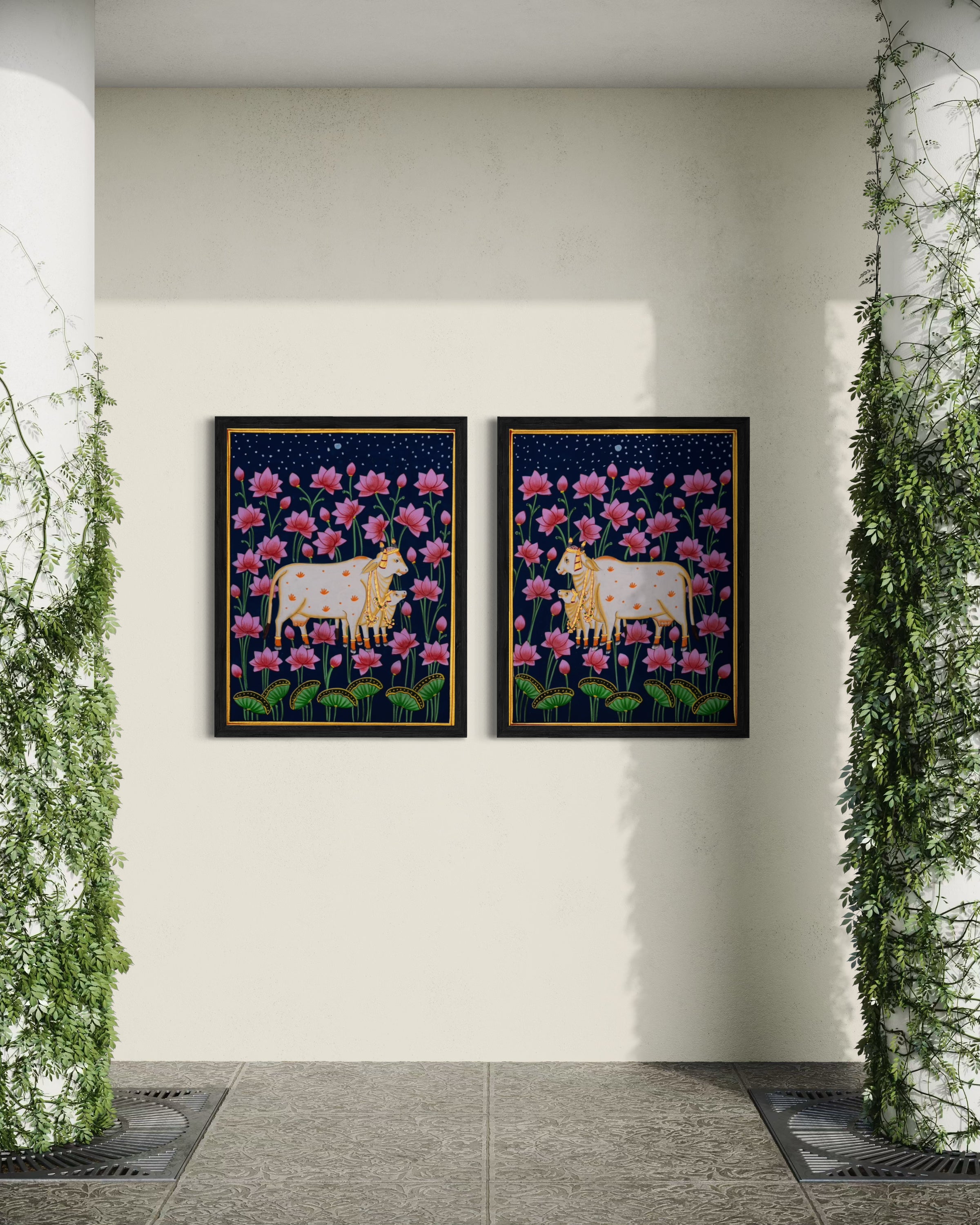 Sacred Cow in the Lotus Garden – Indigo Pichwai Painting (Set of 2)