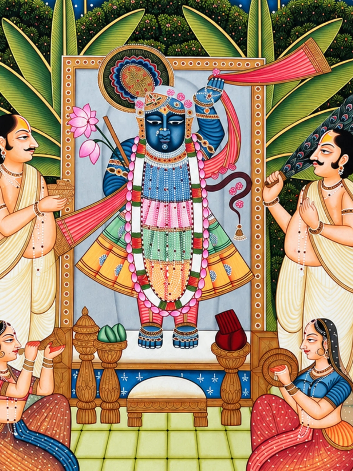 Handpainted – Pichwai – Shrinathji with the Kneeling Musicians