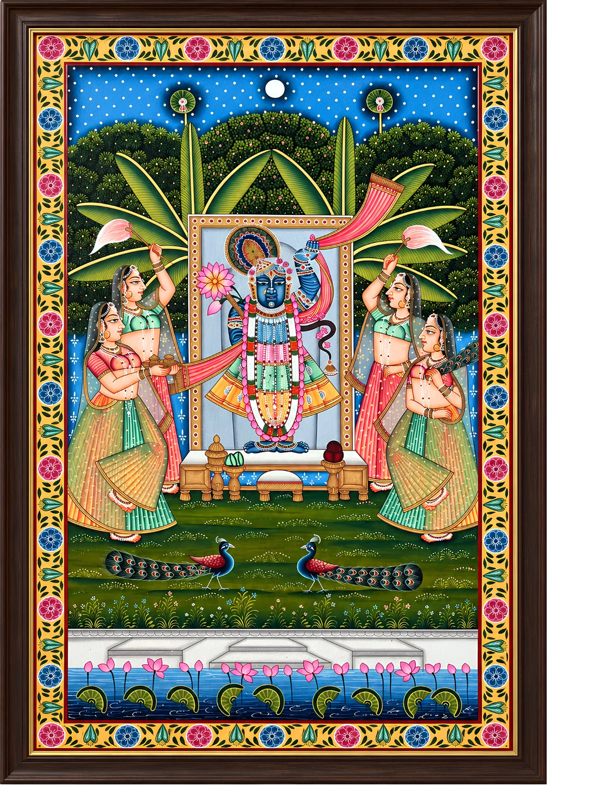 Handpainted – Pichwai – Shrinathji with Four Gopis at the Lotus Ghat