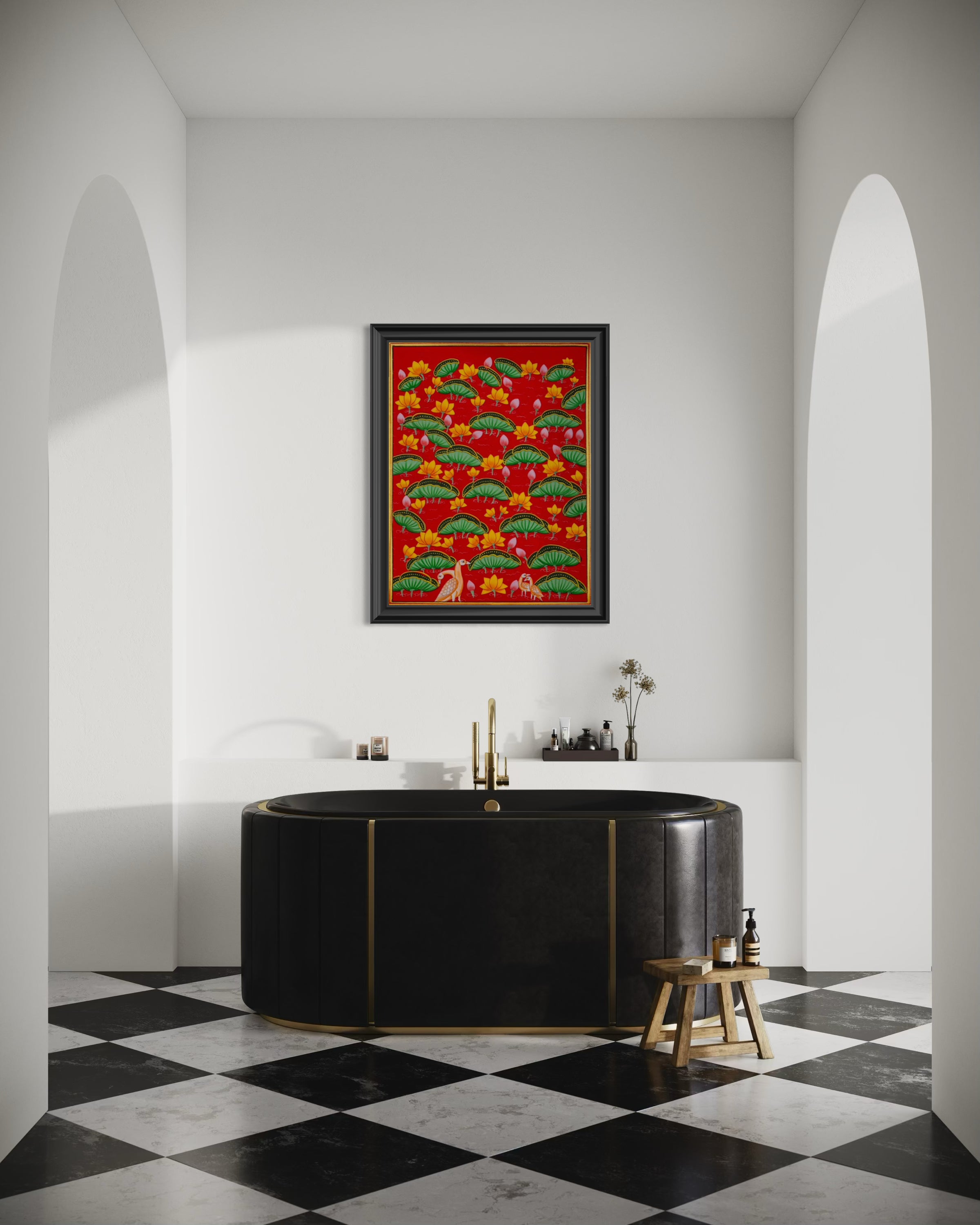 Crimson Lotus Garden - Pichwai Painting