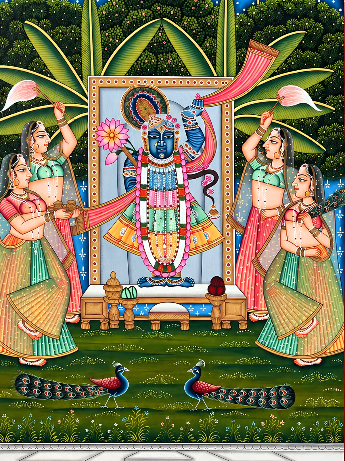 Handpainted – Pichwai – Shrinathji with Four Gopis at the Lotus Ghat