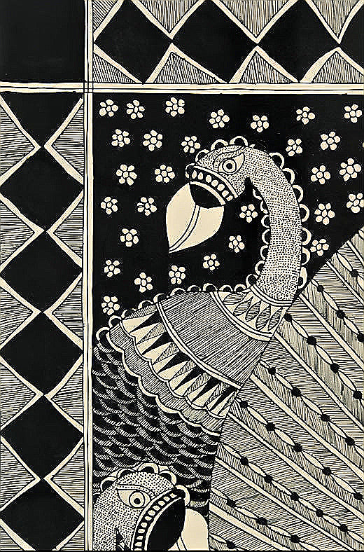 Harmony of Grace & Abundance: Peacock & Fish Mandala - Madhubani Painting