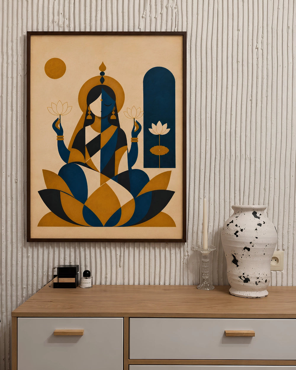 Handpainted – Indo-Bauhaus – “Kamalasana”: Lakshmi Seated on the Lotus