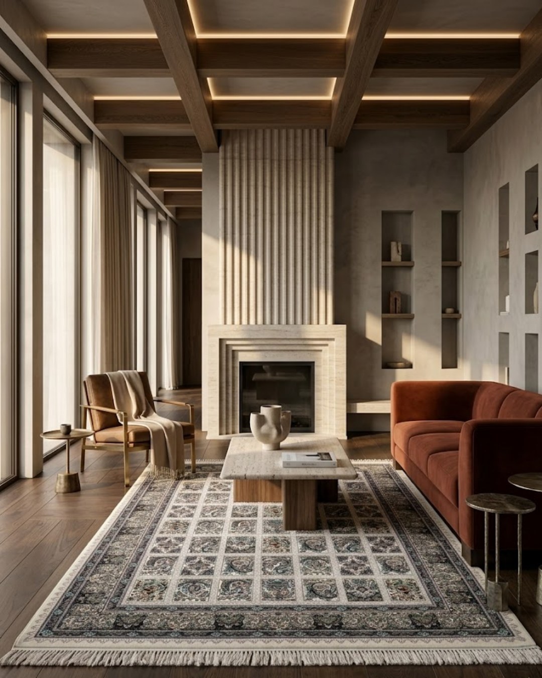 Bostaan Silk & Wool Blend Carpet – Ivory Boteh Panel Grid