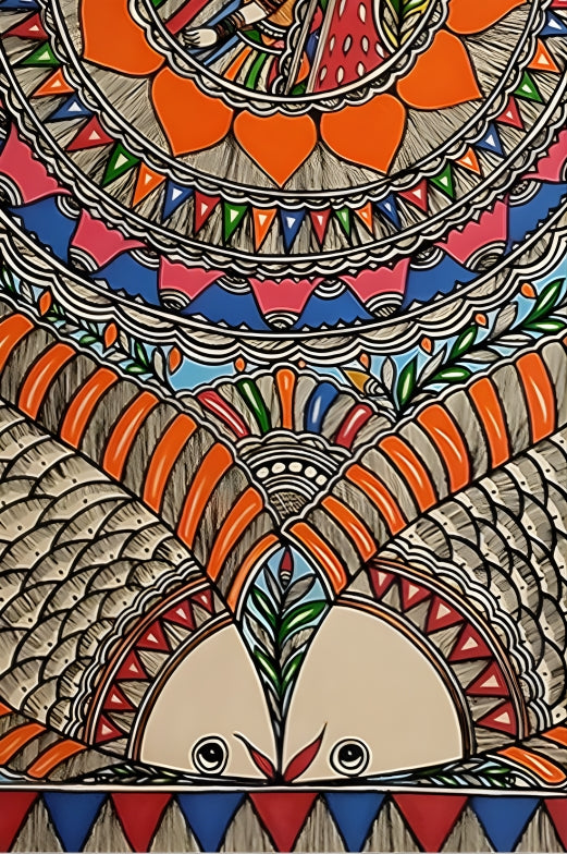 Fertility & Flow: Women with Four Fishes - Madhubani Painting