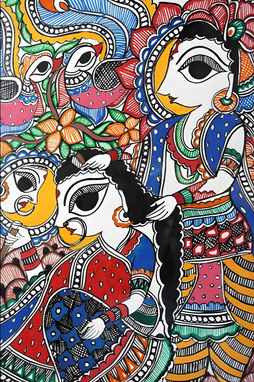Divine Rasa: Krishna with Gopikas - Madhubani Painting