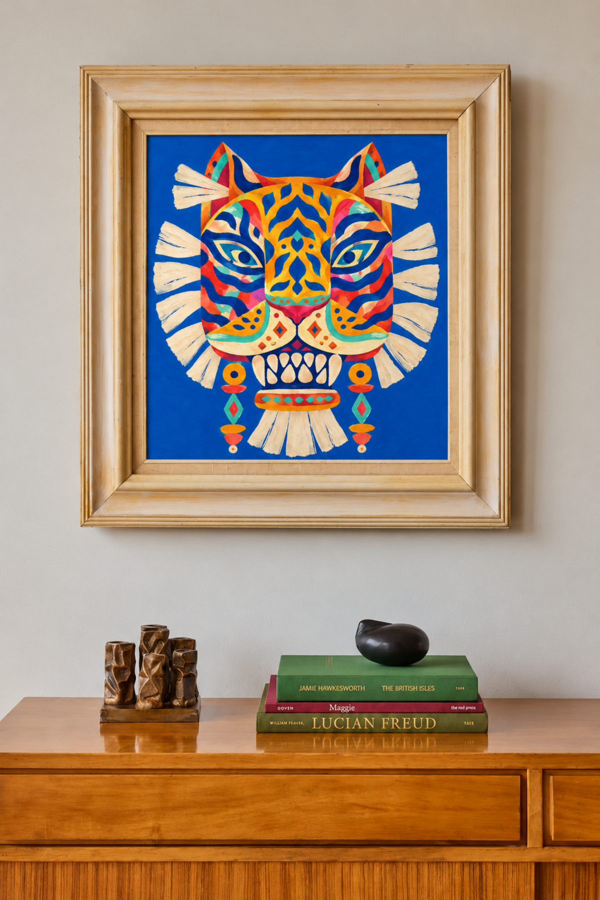 Framed tiger-face painting on a wall above a wooden sideboard with books and small wooden sculptures