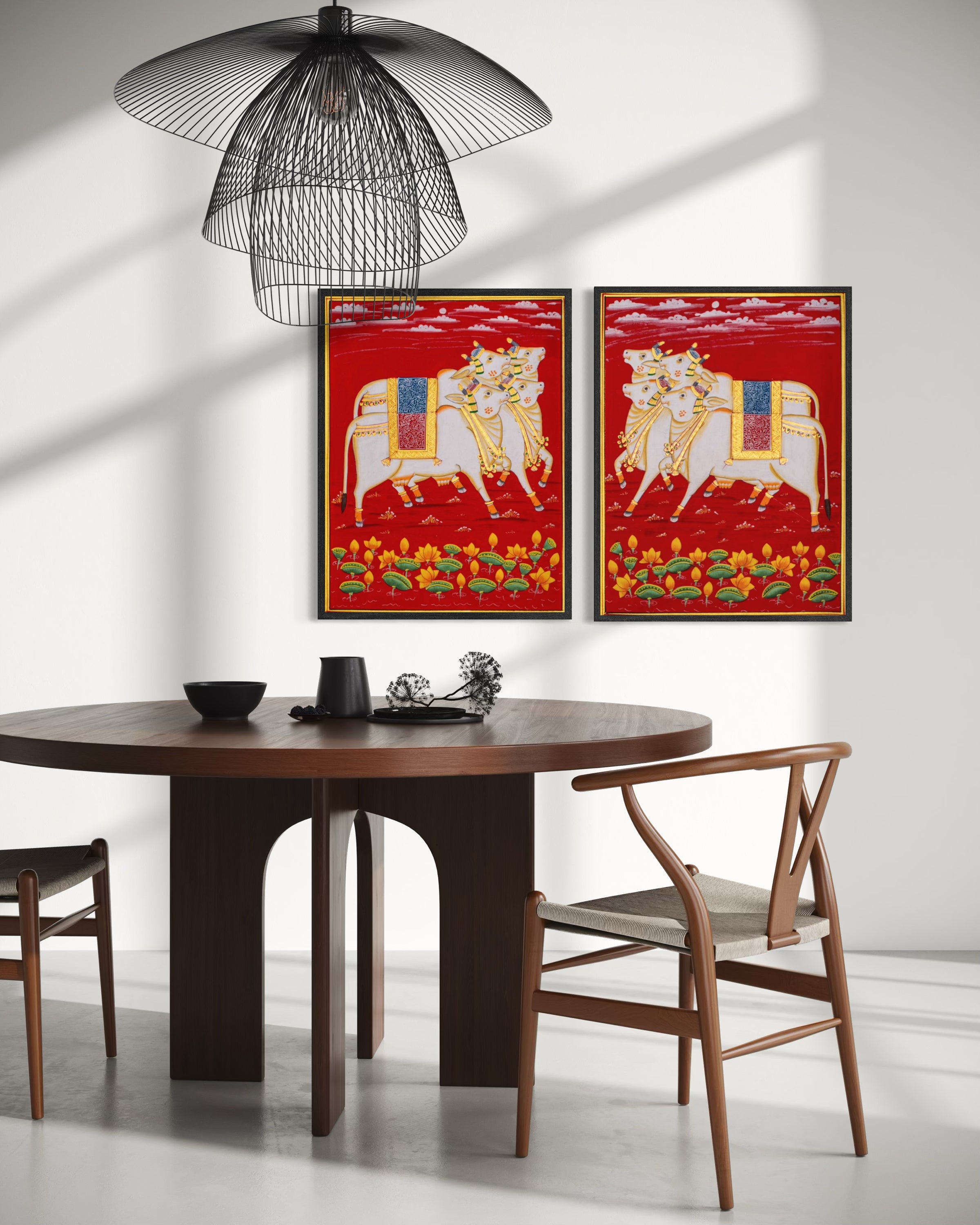 Crimson Procession of Sacred Cows – Pichwai Painting (Set of 2)