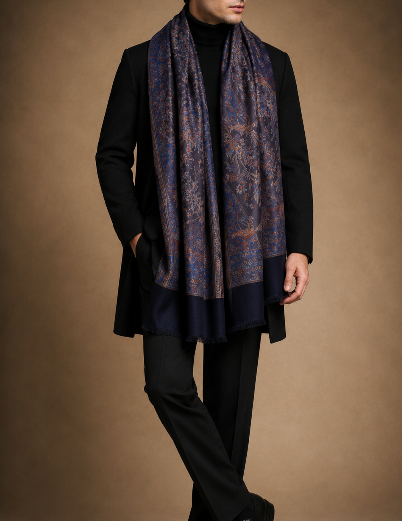 Baghbaan Jamawar Kashmiri Stole – Navy Botanical Micro Modal