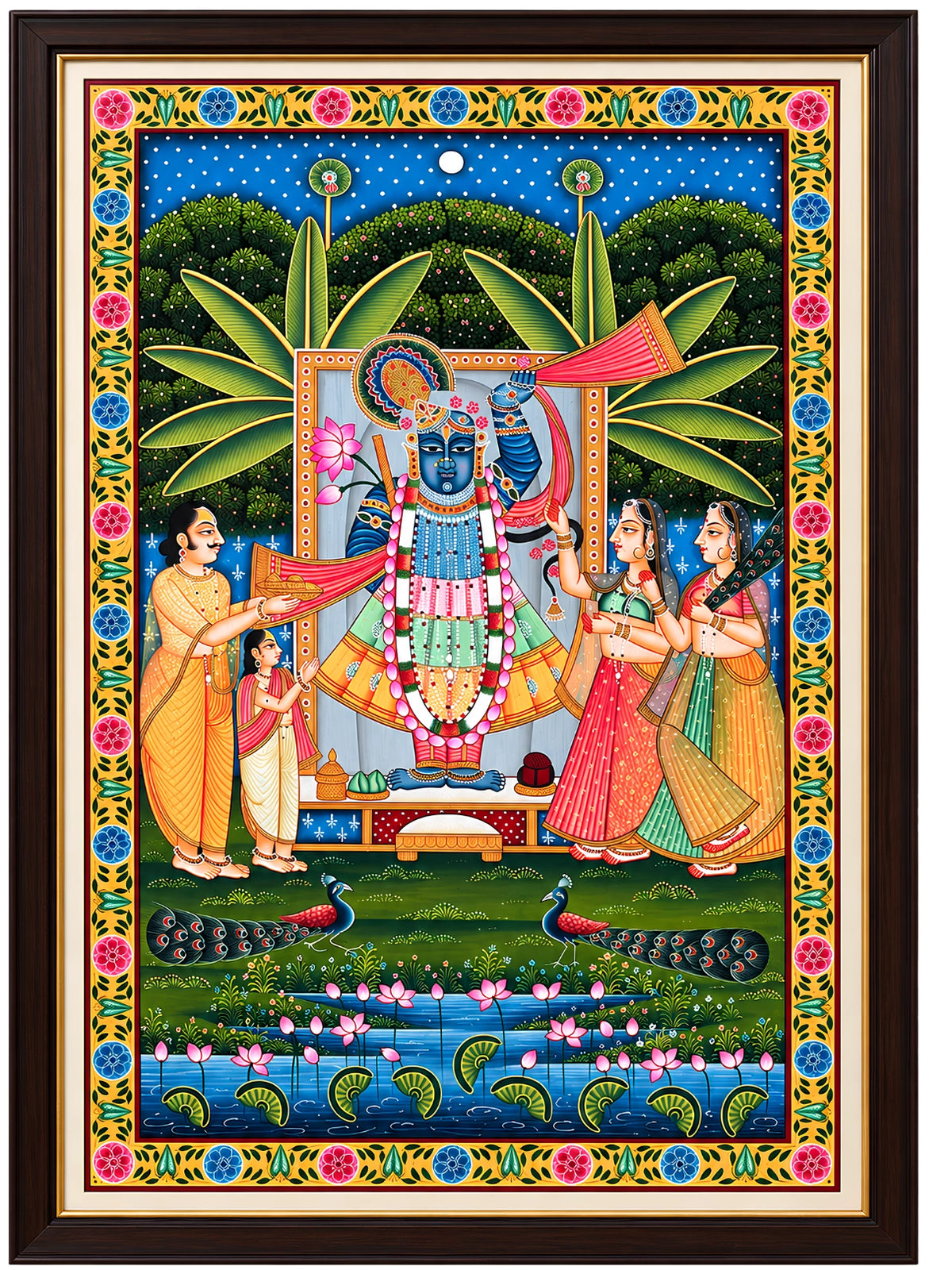 Handpainted – Pichwai – Shrinathji Receiving the Family's Offering