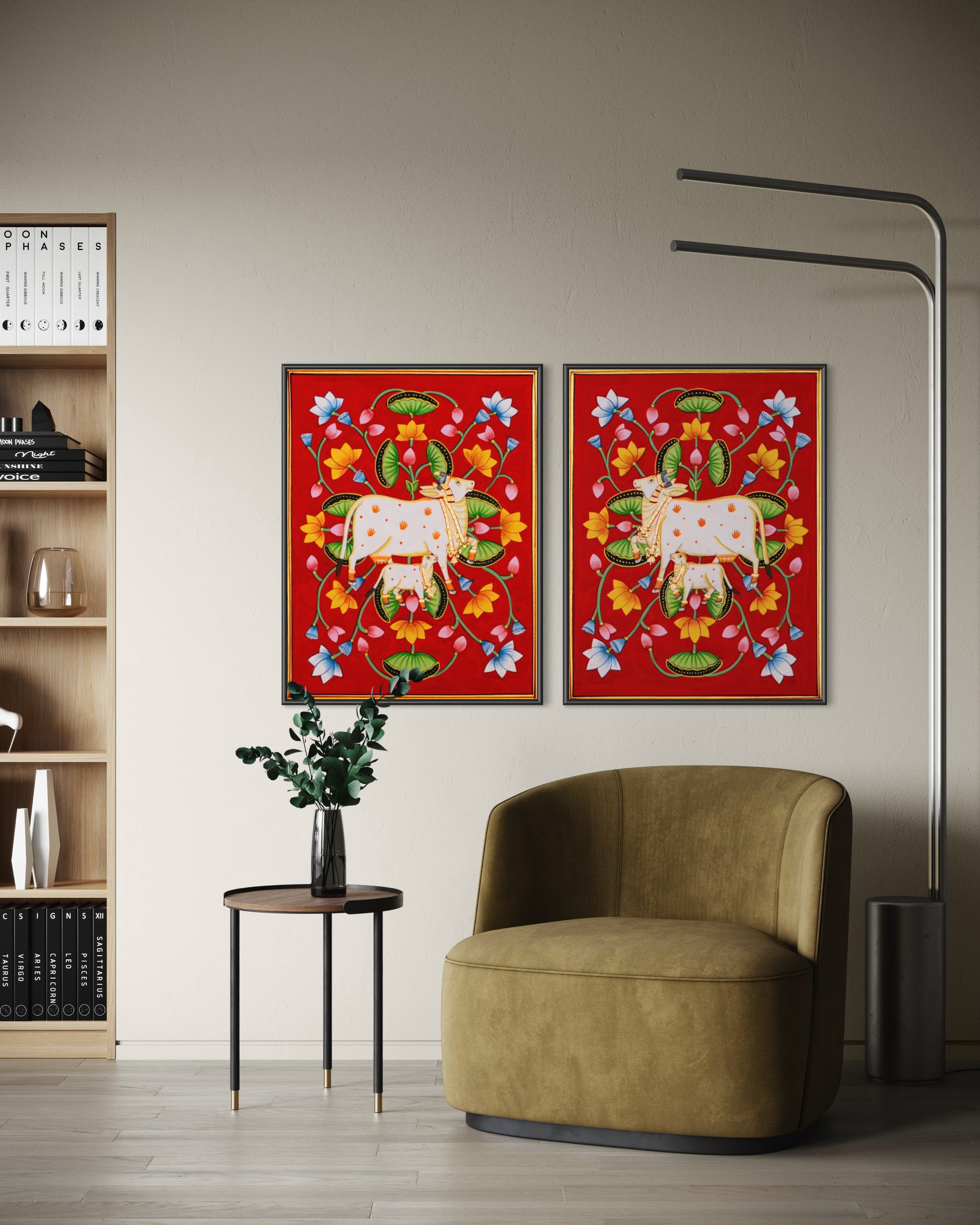 Vermilion Garden – Sacred Cow & Calf Pichwai Painting (Set of 2)