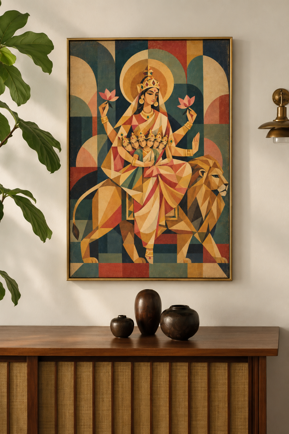 Cubist painting of Goddess Skandamata framed on a white wall above a wooden sideboard with dark ceramic vases