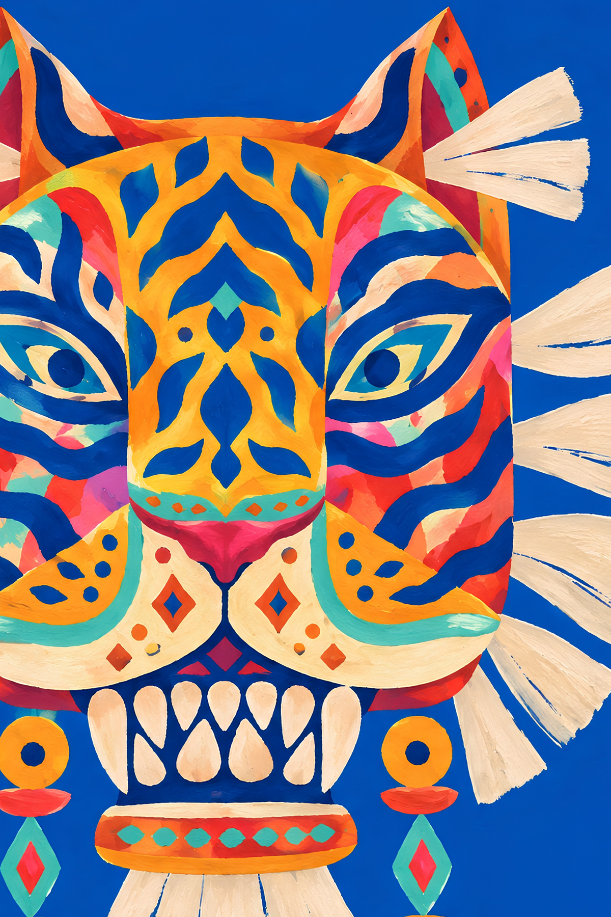 Close-up of the tiger's patterned face, bared teeth and cream tassel mane in the painting