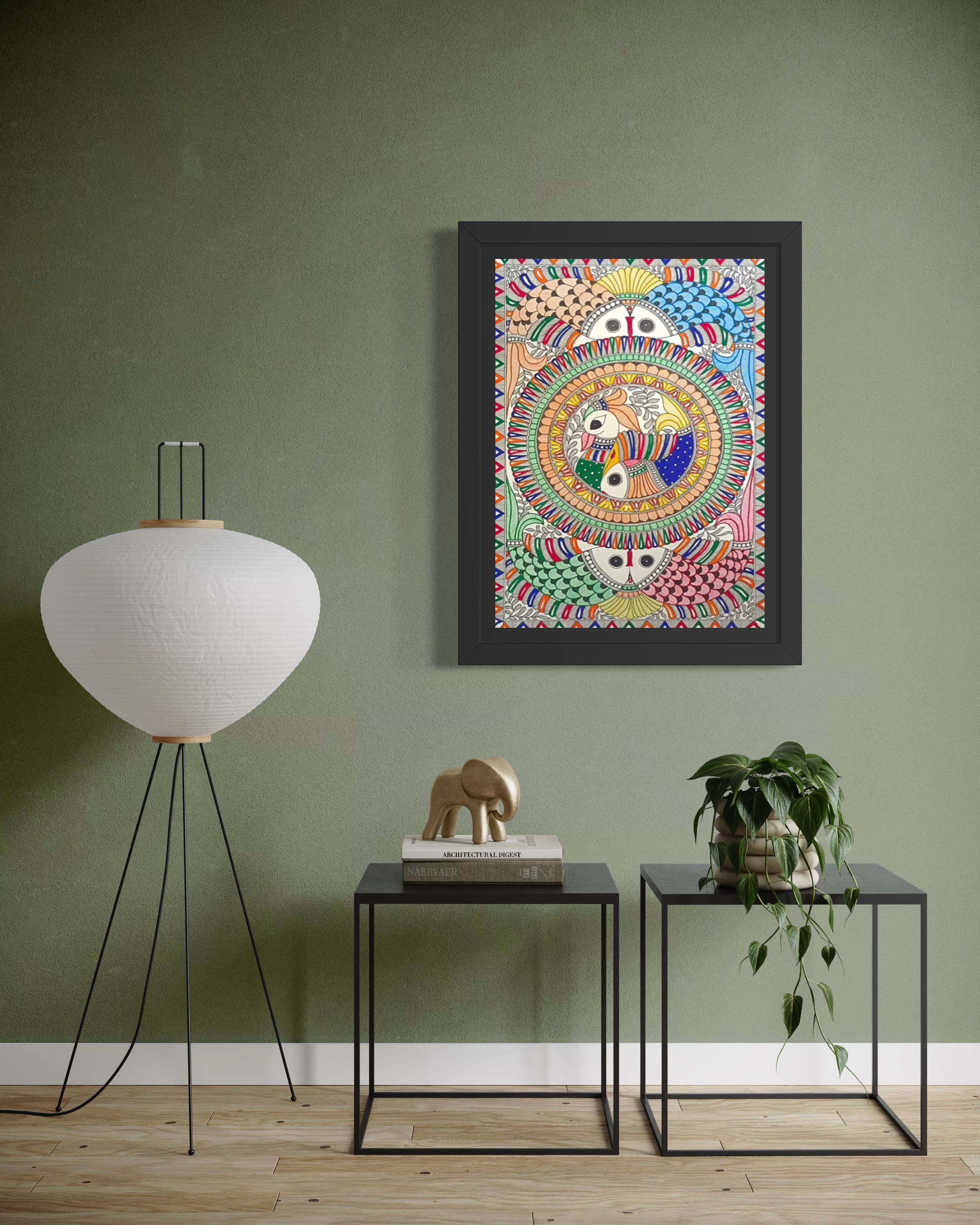 Cycle of Vitality: Peacock & Fish Mandala - Madhubani Painting