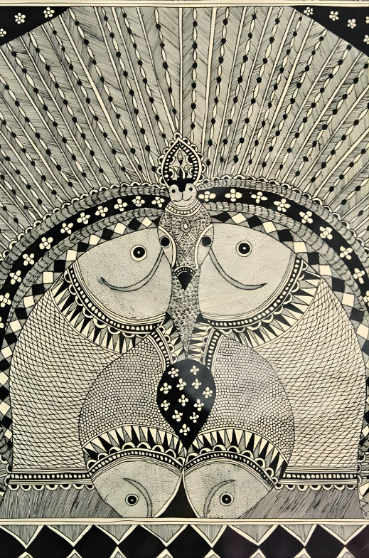 Harmony of Grace & Abundance: Peacock & Fish Mandala - Madhubani Painting