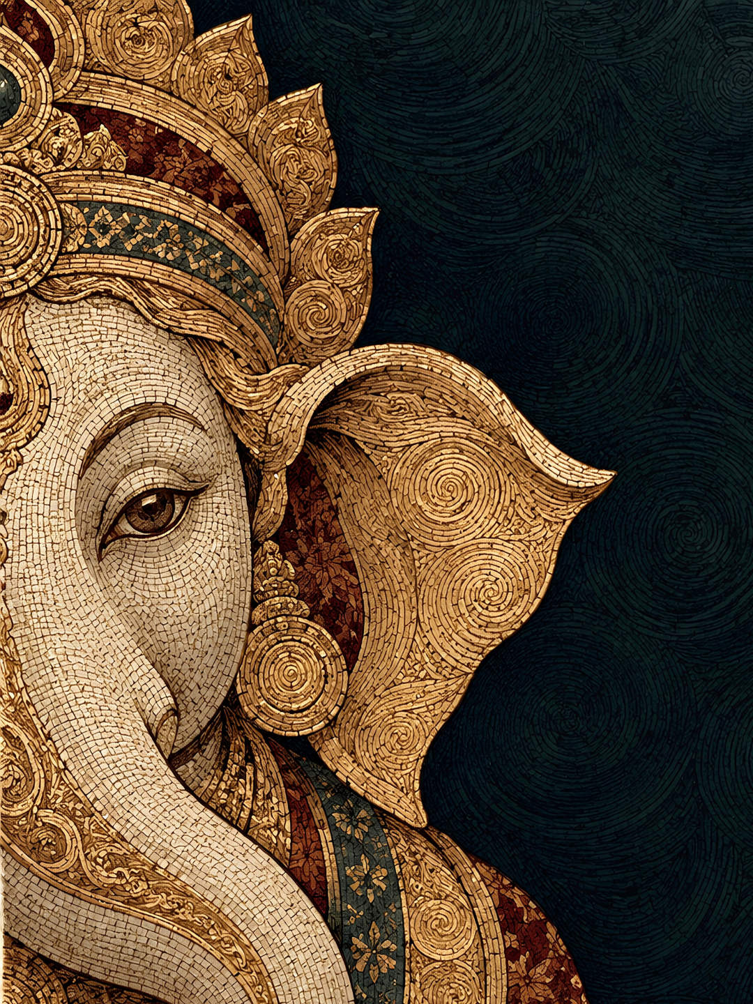 Close-up of Ganesha's eye, gold spiral-patterned ear, round earring and jewelled crown